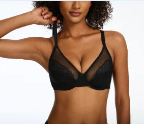 Sujetadores de encaje con realce para mujer, transparentes, balconette, cobertura total, con aros, sin forro, lencería de uso diario.