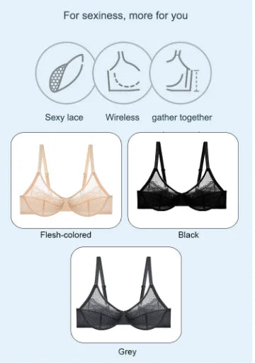 Sujetadores de encaje con realce para mujer, transparentes, balconette, cobertura total, con aros, sin forro, lencería de uso diario.